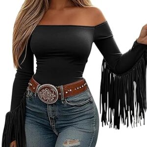 Fringe Tops for Women Western Cowgirl Off The Shoulder Fall Long Sleeve with Tassels Stretchy Crop Shirts Blouses