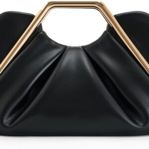 Designer Metal Frame Clutch for Women, Geometric PU Leather Handbag with Gold Metal Handle, Soft Pleated Evening Purse